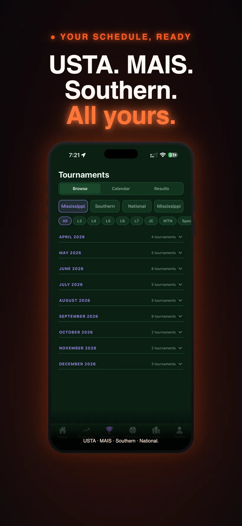 Tournaments — monthly schedule browser with region and level filters