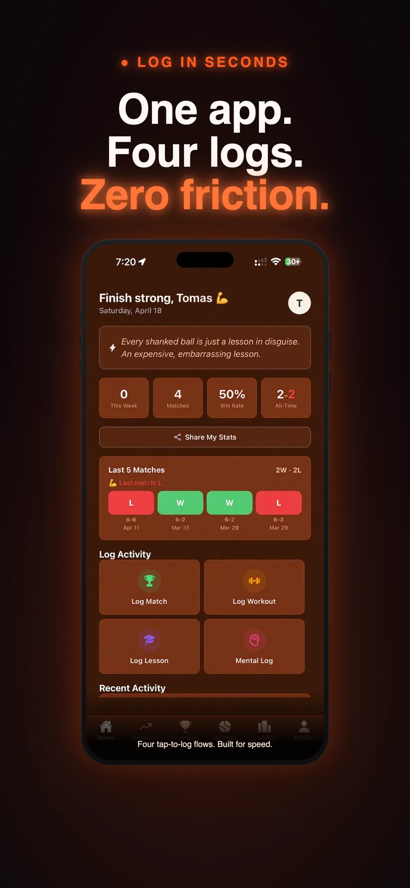 Log a match, workout, lesson, or mental check-in in one tap