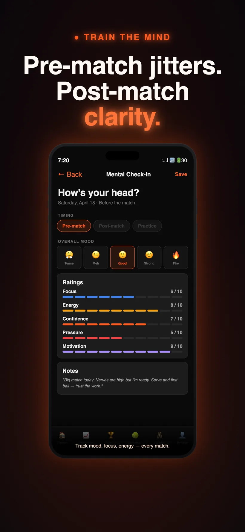 Mental check-in — mood, focus, energy, confidence